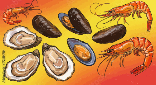 Hand-drawn illustration of various seafood delicacies: shrimp, mussels, and oysters
