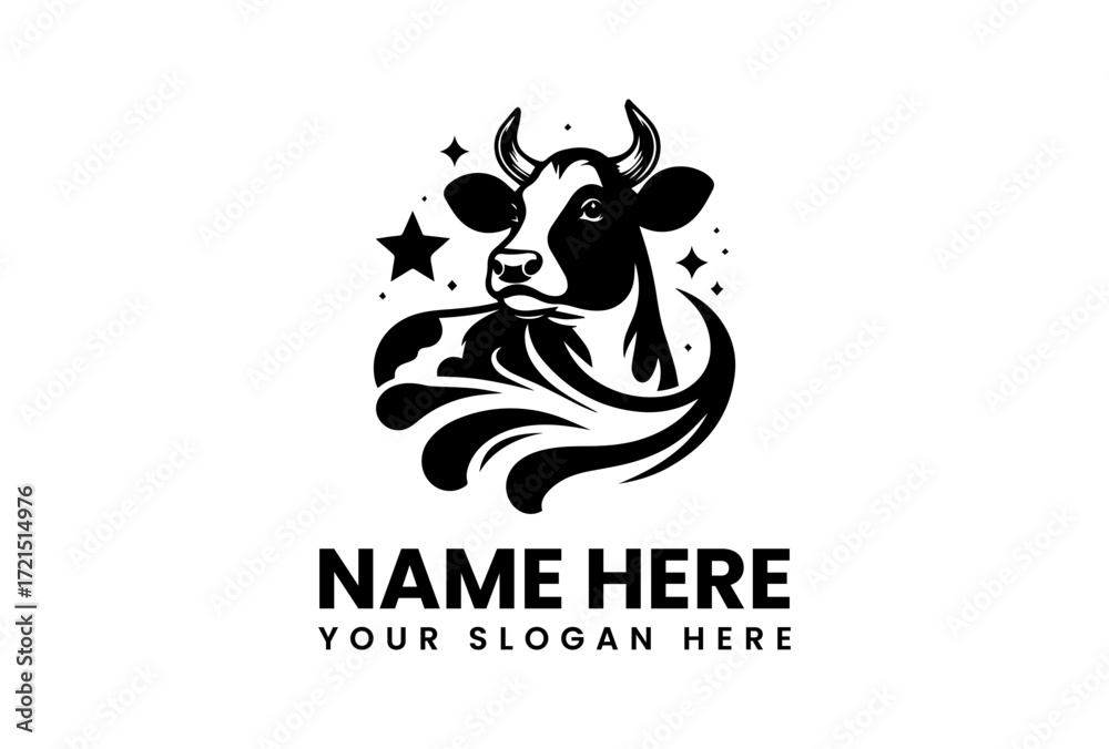 Fototapeta premium Stylized Black and White Cow with Stars and Swirling Design Elements.