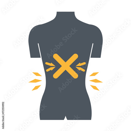 An illustrative icon depicting severe lower back pain or lumbar discomfort, highlighted by an 'X' mark and radiating discomfort symbols on a human torso.