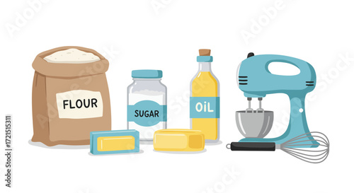 Baking essentials illustration with flour, sugar, oil, butter and hand mixer
