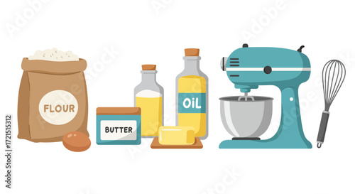 Cartoon illustration featuring baking ingredients and equipment for cooking and desserts