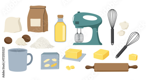 Illustrative baking ingredients and equipment for culinary creation or cooking