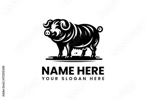 Stylized Black and White Pig Logo Design.