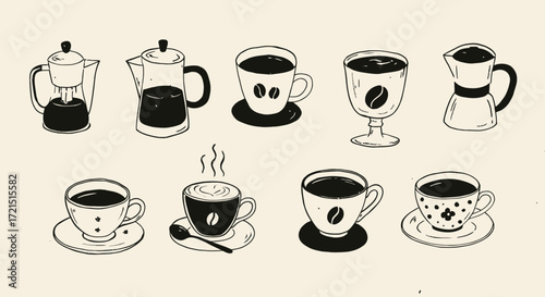 Hand-Drawn Coffee Illustration Featuring Various Coffee Makers and Cups with Beans