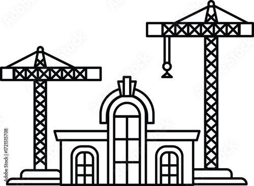 A building with two cranes on top of it