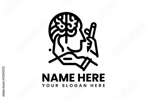 Stylized Brain Profile with Hand Holding Pen Creative Thinking Concept.