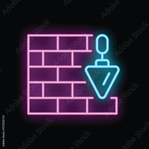 Neon icon of a plumb bob hanging next to a brick wall, great for representing construction