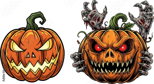 Evil Pumpkin Monster with Zombie Hands Halloween Vector