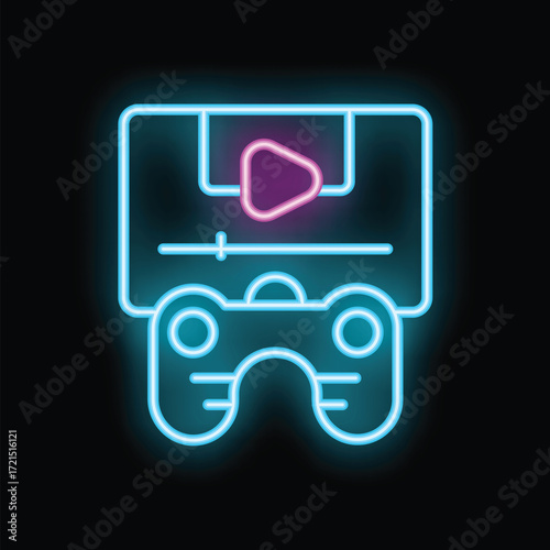 Bright neon icon of a video game cartridge with a controller below it