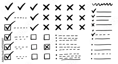 Hand-drawn check marks and cross marks vector illustration for graphic design usage