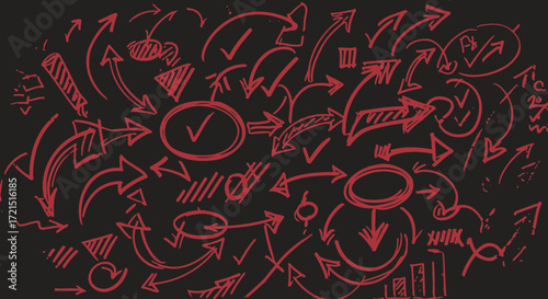 Hand-Drawn Arrows and Check Marks on Dark Background Conveying Concepts and Ideas