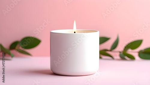 White ceramic candle vessel set against a muted blush pink backdrop