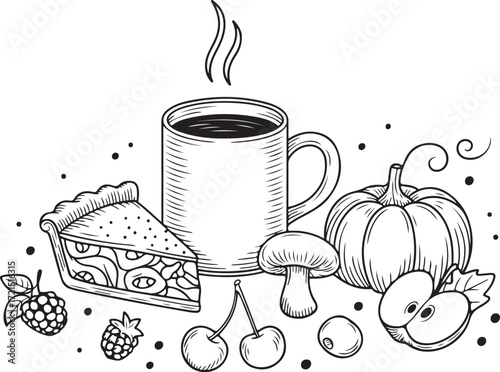 Coffee cup with coffee beans and hot beverage illustration