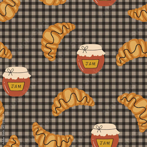 Croissant and Jam Vector Seamless Pattern