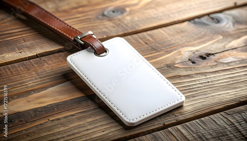 Matte white luggage tag mockup with leather strap on rustic wooden table