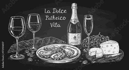 Elegant sketch of La Dolce Paikeico Vita with wine oysters and cheese