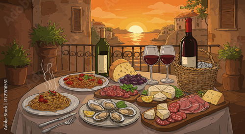Italian Feast at Sunset: A Romantic Culinary Experience by the Sea in Italy