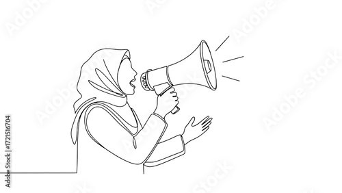 Muslim woman with megaphone single line drawing for protest or announcement vector illustration art 100 on transparent background