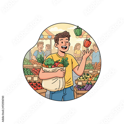 Smiling man holding grocery bag at farmers market, surrounded by fresh produce and other shoppers, conveying a sense of healthy living and community.
