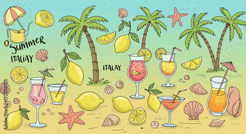 Vibrant summer vacation scene with lemon trees, cocktails, and tropical elements