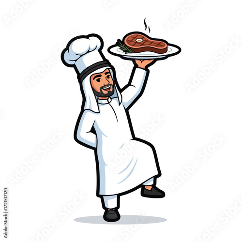 Smiling arab chef presents a delicious steak on a plate in cartoon style vector