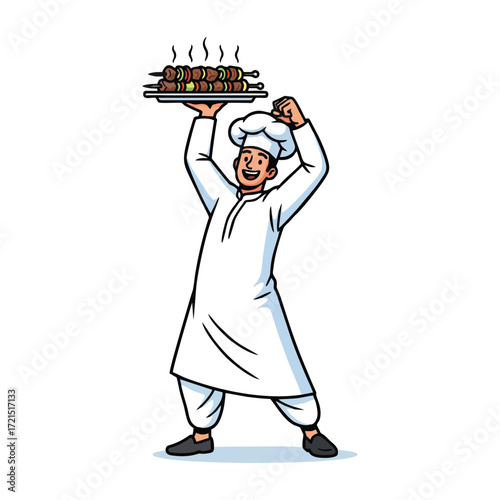 Cheerful chef holding a tray of delicious kebabs in a cartoon style illustration