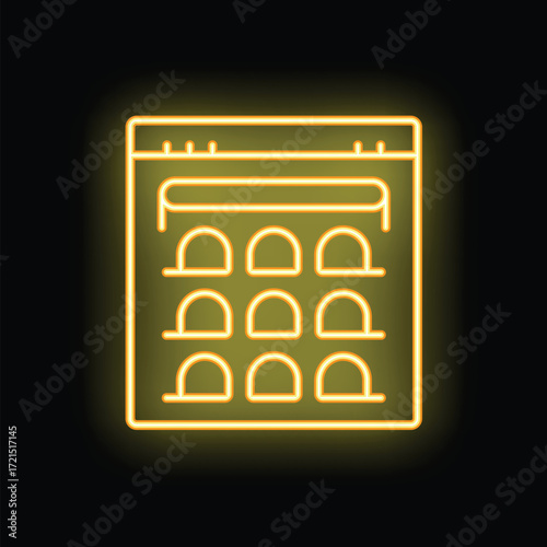 Neon yellow icon of an eyelash extension procedure glowing on a dark background