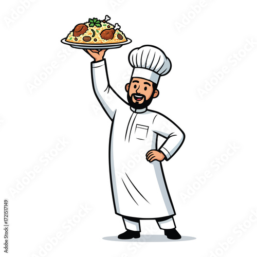 Cartoon chef holding a plate of biryani in a traditional uniform on white background