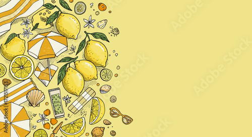 Lemon-themed summer beach illustration with beach umbrellas and other beach items
