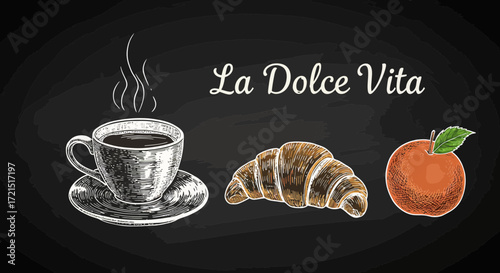 Charming La Dolce Vita Breakfast Still Life with Coffee, Croissant, and Apple