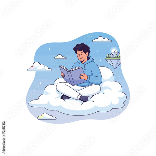 Young man reading a book while sitting on a cloud in a dreamy sky with floating islands, creating a peaceful and imaginative atmosphere.