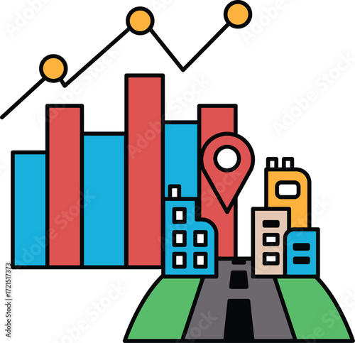 A city skyline with a road and a map with a pin on it