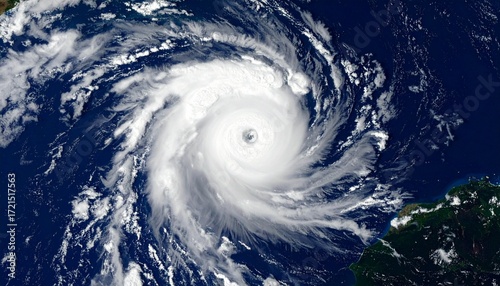 Stunning aerial view of powerful hurricane swirling over the ocean, a dramatic depiction of nature's force with intense cloud formations and potential for weather-related news coverage