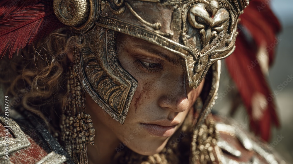Fototapeta premium Close-Up of a Warrior Woman in Ornate Armor with a Pensive Expression