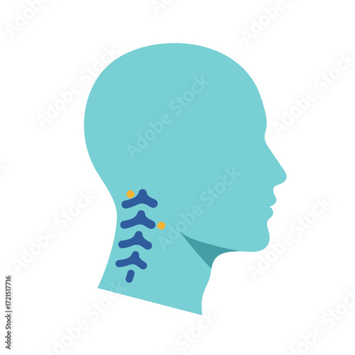 A profile view of a human head and neck silhouette, highlighting the cervical spine with pain points, illustrating medical anatomy and discomfort.