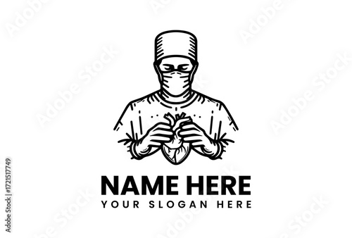 Surgeon in Mask Holding Heart Detailed Line Art Illustration.