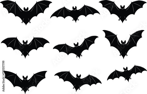 Halloween bat silhouette illustration, nine flying bats in grid layout spooky festive design black wings white background, vector clipart artwork