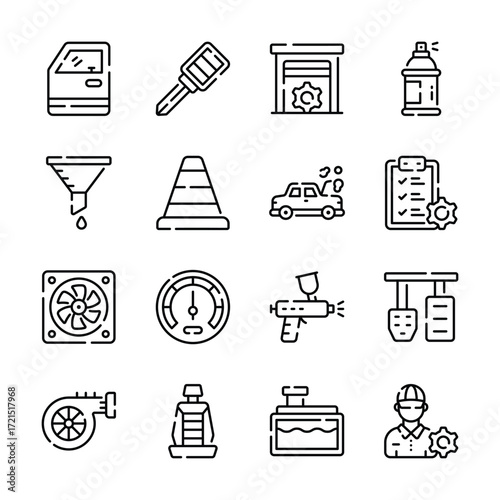 A set of black line icons depicting various automotive repair and maintenance tasks.