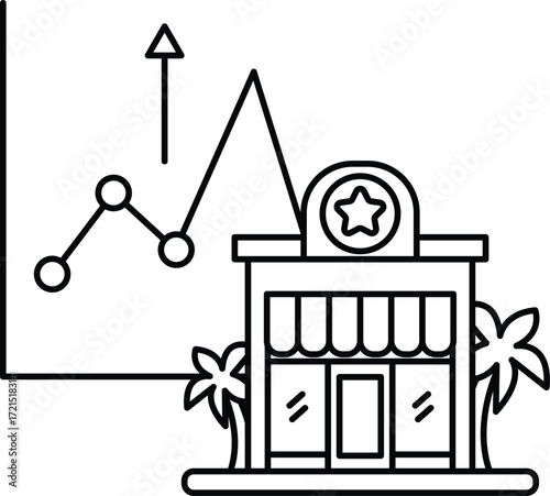 A building with a star on top and a graph showing a rising line