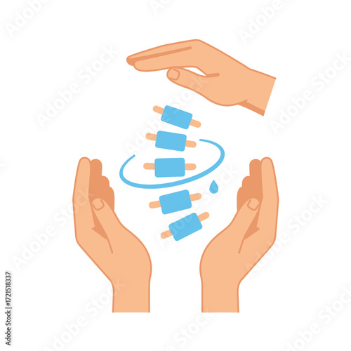 Caring hands gently support and protect a dynamic human spine, symbolizing chiropractic care, back health, and pain relief through therapeutic intervention.