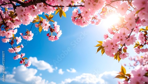 Blossoming cherry trees against a vibrant sky