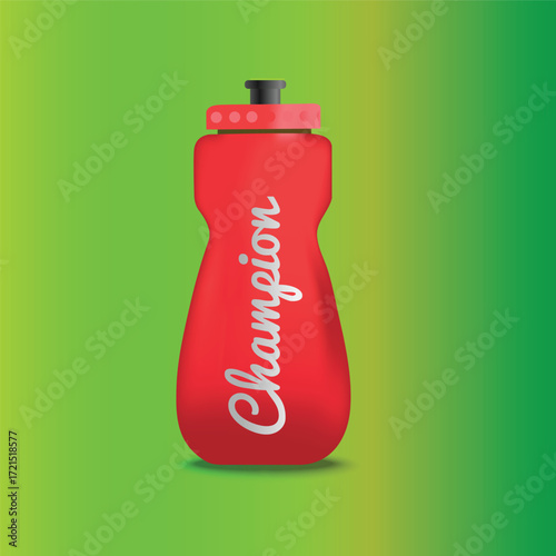 A vibrant red sports water bottle with a black push-pull cap and a pink grip ring is centered on a bright green to olive gradient background. The bottle features the word "Champion" written vertically