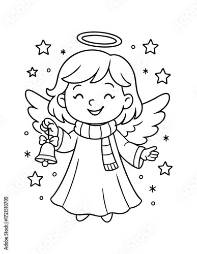 christmas angel coloring page with halo wings bell and scarf festive black and white outline illustration concept of holiday kids activity seasonal craft and decoration