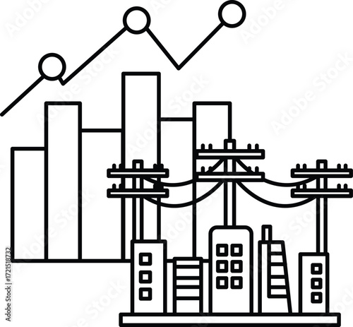 A black and white drawing of a city with a power plant in the middle