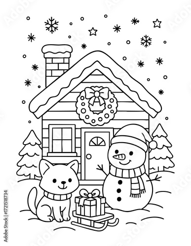christmas coloring page with house snowman cat and gift sled festive black and white outline illustration concept of holiday kids activity seasonal craft and decoration