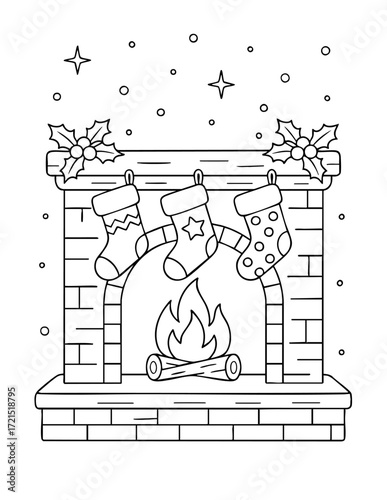 christmas fireplace coloring page with stockings firewood and holly festive black and white outline illustration concept of holiday kids activity seasonal craft and decoration