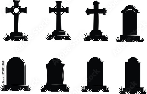 Halloween gravestone silhouette illustration, eight spooky tombstone designs with crosses grass RIP label black white layout, vector clipart artwork