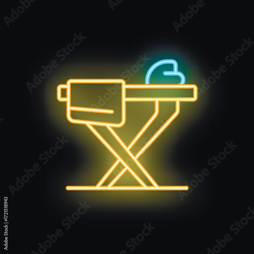 Neon glowing icon of an ironing board with an iron standing on it