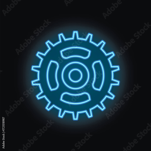 Blue neon gear glowing against a dark background representing concepts such as technology and engineering