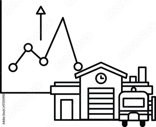 A graph with a line going up and a house with a clock on it